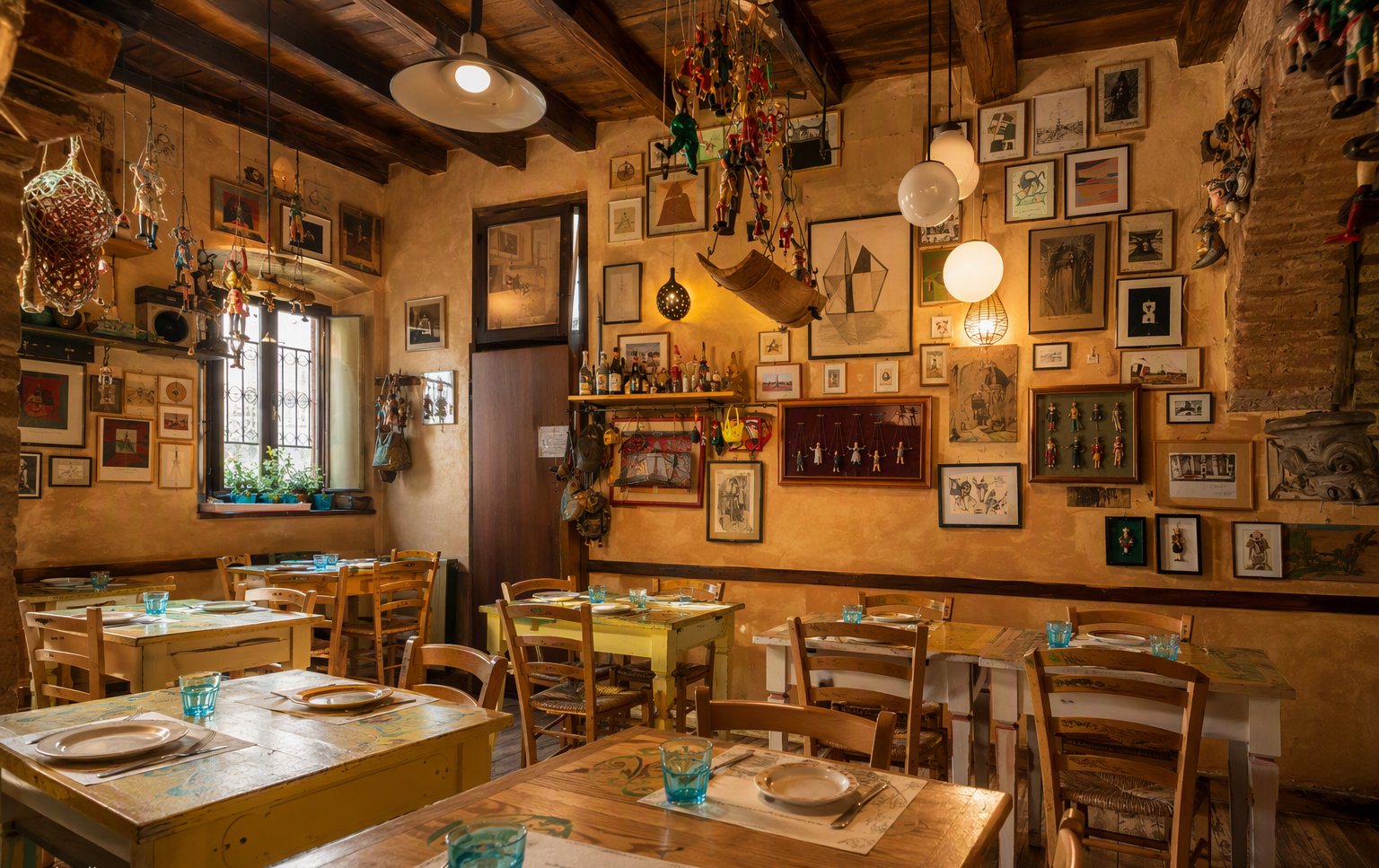 La sala con le travi in legno e le pareti coperte di quadri