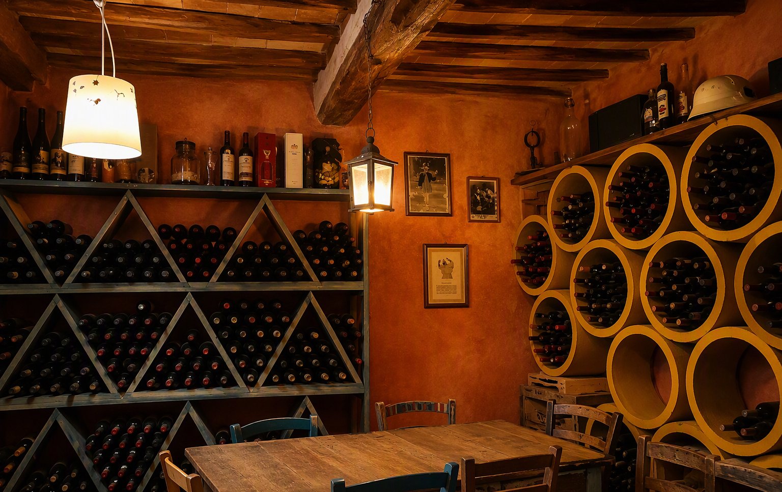 L'angolo dei vini con gli scaffali pieni di bottiglie